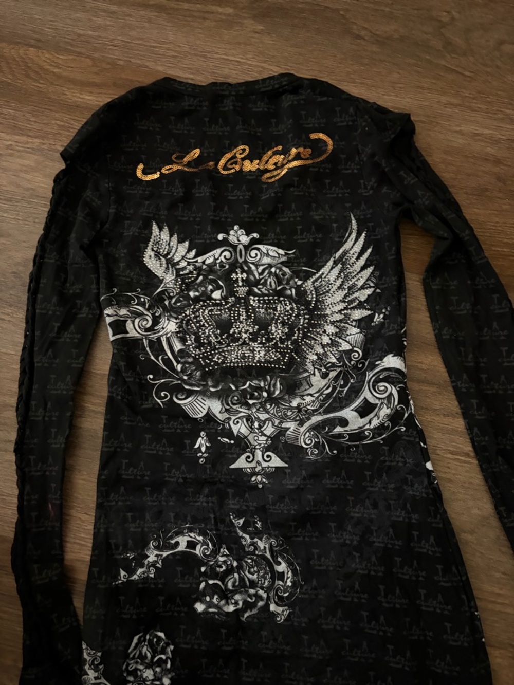 Papaya- Black Long Sleeve Rhinesdtone Graphic Dress. M